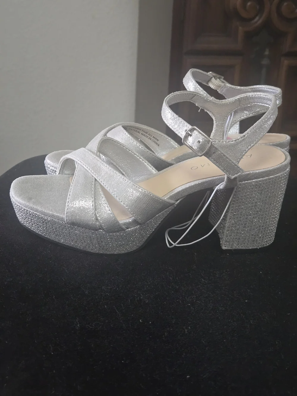 Sparkle Platform Heeled Sandals in Silver with Ankle Strap